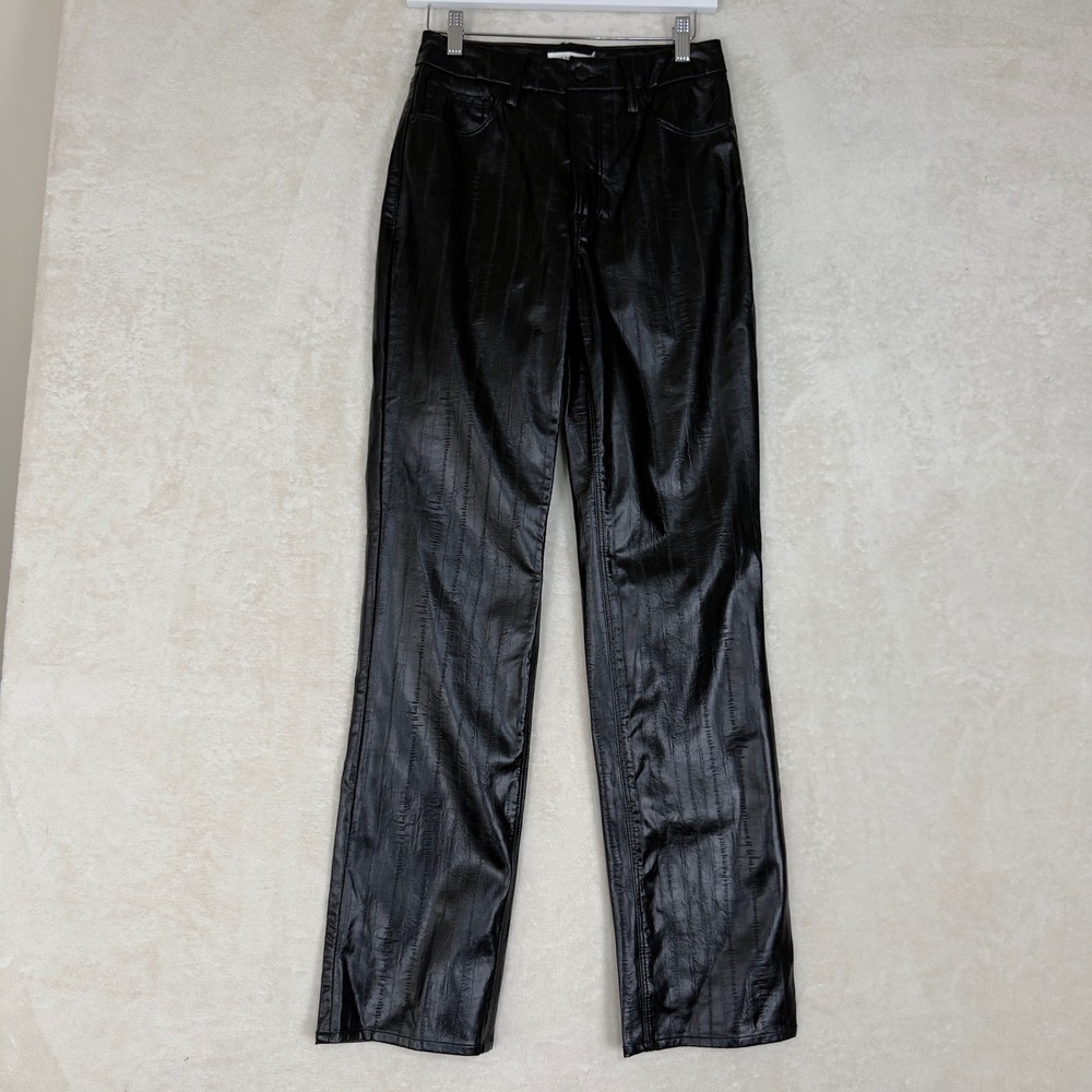 Good American Black Faux Leather Striped Straight Leg Pants Size‎ 27 Minimalist